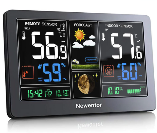 Newentor Wetterstation, kabelloses Innen-/Außenthermometer, 7,5 Zoll Farb-Digital-Wetterthermometer mit Atomuhr